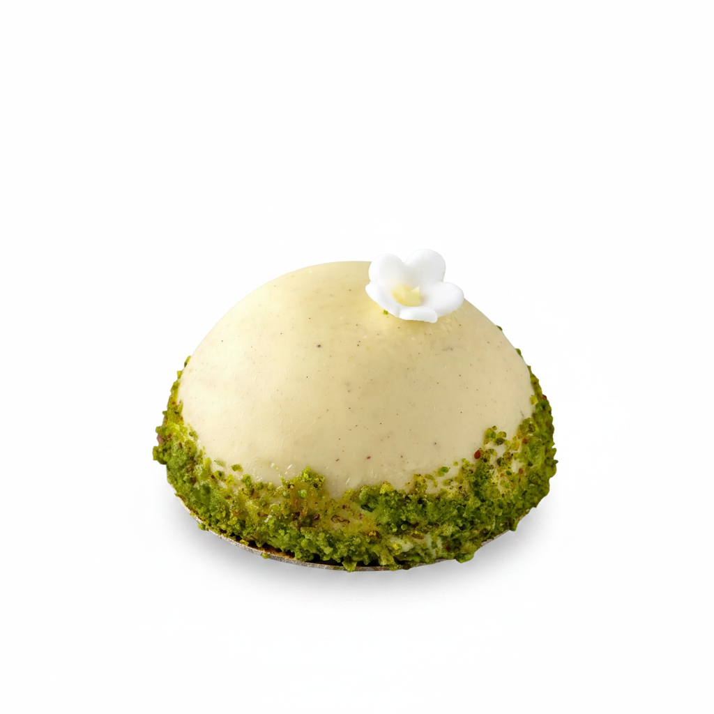 Mousse de Fistic cu Inserție de Coacăză și Pandișpan de Migdale